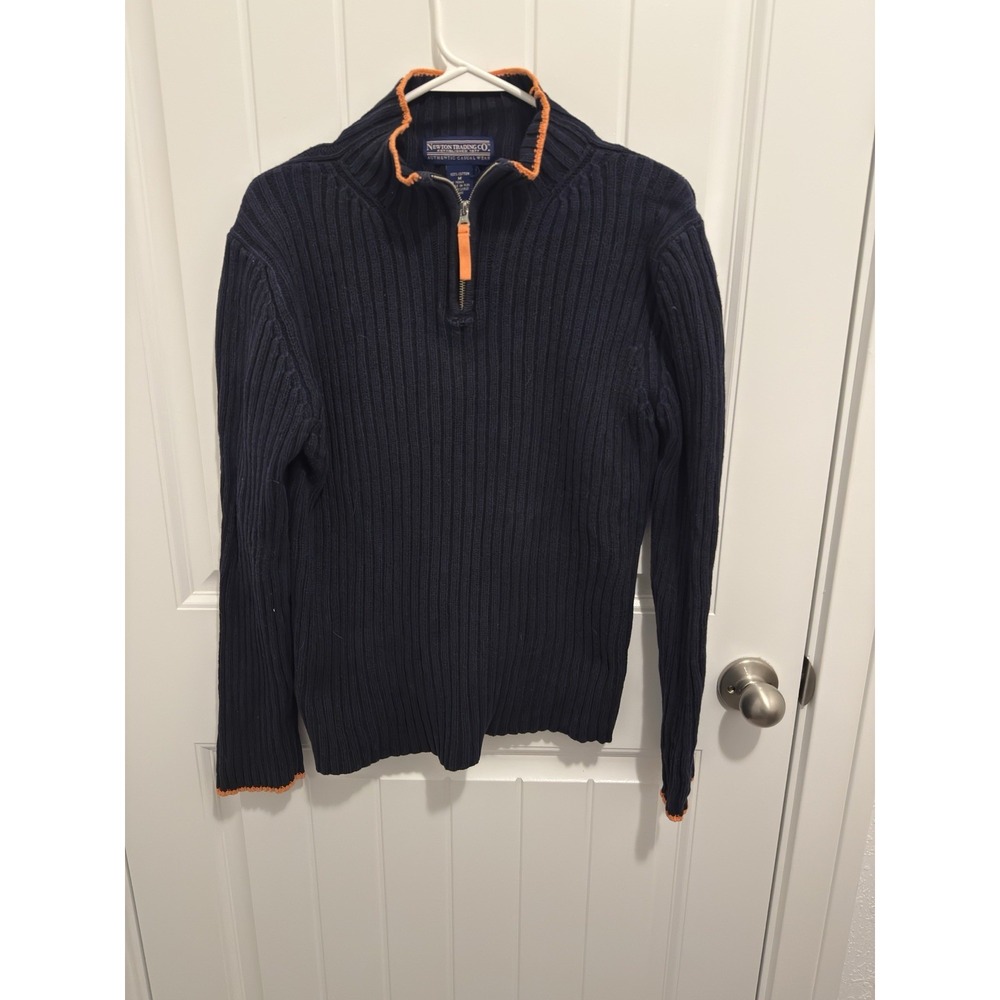 Newton Trading Co. Women's Quarter Zip Ribbed Sweater Navy Orange Trim Medium
